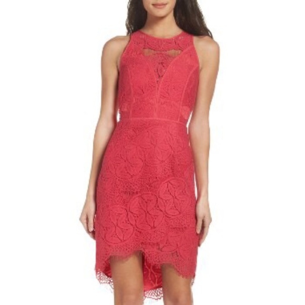 Pink Adelyn Rae lace high/low sheath dress